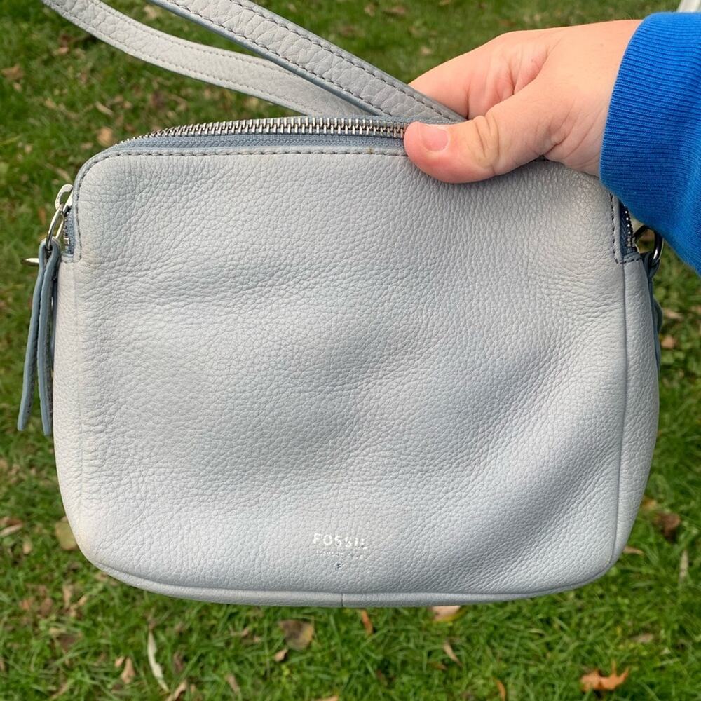 Light blueish gray Fossil double zipper 3 pocket cowhide leather crossbody purse